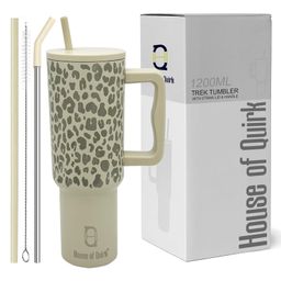 House of Quirk 1200ml Stainless Steel Tumbler Hot and Cold with Handle and Lid 2 Straw -Beige Leopard-image-94