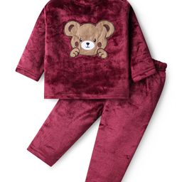 Babyhug Fur Woven Full Sleeves Winter Wear Suit With Bear Design - Maroon-image-80
