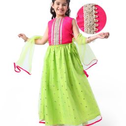 EARTHY TOUCH Tafetta Woven Sleeveless Sequin Embroidered Choli Lehenga Set With Dupatta - Lime Green & Pink-image-46
