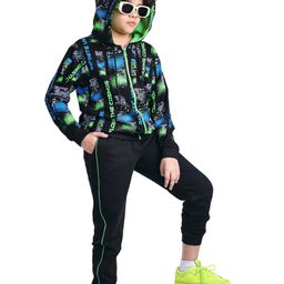 Ollington St. 100% Cotton Knit Full Sleeves Printed Hooded Front Zipper Sweatshirt & Joggers Winter Wear Set - Black-image-31