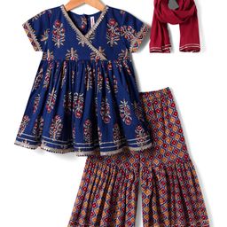 Babyhug Cotton Woven Half Sleeves Floral PrintedKurti Gharara Set with Dupatta - Navy-picture-2