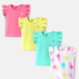 Bonfino 100% Cotton Knit Frill Sleeves Tops With Floral Print & Embrioidery Pack Of 4 - Green Dark Pink & OffWhite-image-13