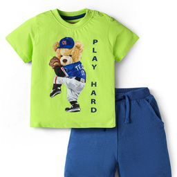 Babyhug Single Jersey Knit Half Sleeves T-Shirt & Shorts Set With Teddy Bear Print - Lime Green & Blue-image-9