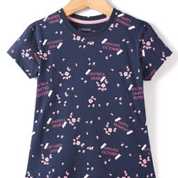 Doreme Cotton Knit Half Sleeves T-Shirt With Floral & Text Print - Navy Blue-image-43