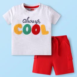 Babyhug Single Jersey Knit Half Sleeves T-Shirt & Shorts Set with Text Print & Embroidery - Red & White-image-64
