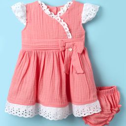 ToffyHouse Cotton Woven Cap Sleeves Frock With Lace Detailing & Bloomer - Pink-image-72