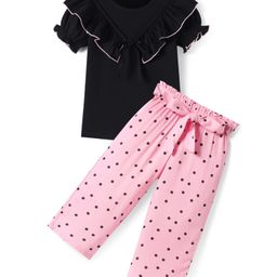 CrayonFlakes Cotton Half Peasant Sleeves Frill Detailed Top & Polka Dots Printed Palazzo Set - Black-image-11