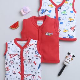 BUMZEE Cotton Woven Sleeveless Jhablas With Foot Ball & Helicopter Print Pack Of 3 - Red-image-69