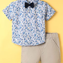 Simply Premium Poplin Woven Sleeveless Shirt & Shorts Set & Bow with Floral Print - Blue-image-90
