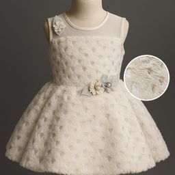 Enfance Sleeveless Floral Applique Detailed Heart Foil Printed & Textured Knee Length Dress - Fawn-image-7