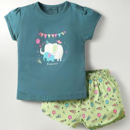 CUCUMBER Sinker Knit Half Sleeves Shorts Night Suit With Elephant Print - Teal Blue & Light Green-image-20