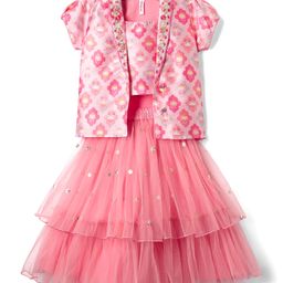 Babyhug Woven Sleeveless Blouse & Lehenga With Embroidered Jacket - Pink-image-80