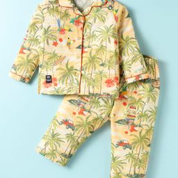 Enfance Core Cotton Woven Full Sleeves Palm Trees Printed Coordinating Night Suit Set - Yellow-image-23