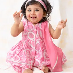 Tiber Taber 100% Cotton Sleeveless Floral Printed Gota Lace Embellished Kurta Salwar With Dupatta Set - Pink-picture-7