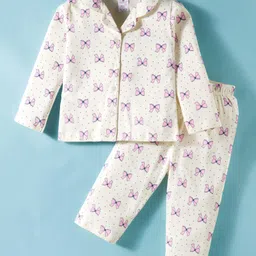 Smarty Girls Sinker Knit Full Sleeves Co-ord Night Suit with Bow Print - Cream-picture-17