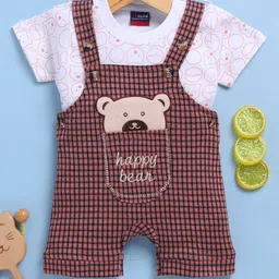 Jb Club Cotton Knit Checked & Teddy Bear Patch Embroidered Dungaree With Half Sleeves Tee Set - Brown-picture-9