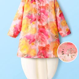 EARTHY TOUCH Woven Full Sleeves Kurta Dhoti Set with Floral & Foil Print - Pink Orange & Yellow-picture-9
