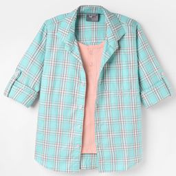 Dapper Dudes Full Sleeves Checked Shirt With Attached Tee - Sky Blue-picture-14