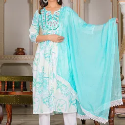 IKRASS Floral Printed Anarkali Thread Work Pure Cotton Kurta With Trousers And Dupatta-picture-56
