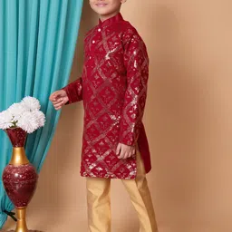 AHLAN APPARELS Boys Embroidered Regular Sequinned Dupion Silk Kurta with Pyjamas image 4