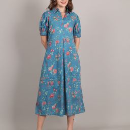 Jivitha Floral Printed Shirt Collar A-Line Cotton Midi Dress-image-49