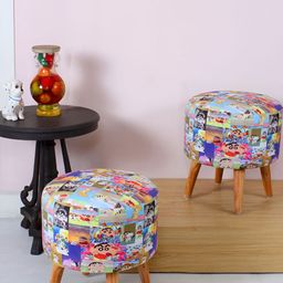 Shadowkart Blue & White 2 Pieces Geometric Printed Round Wooden Pouffes Ottomans-image-97