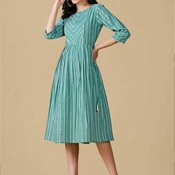 Glomee Women Striped Round Neck Cotton Fit & Flare Midi Dress-picture-9