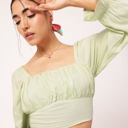 DressBerry Power Shoulders Smocked & Ruched Empire Crop Top-image-1