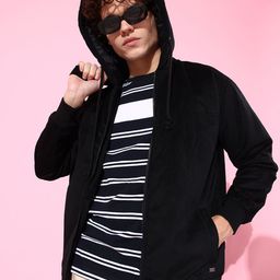 The Roadster Lifestyle Co. Men Black Solid Hooded Corduroy Bomber Jacket-image-34