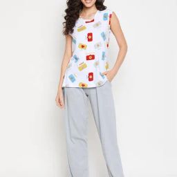 Clovia White & Grey Printed Top With Pyjamas-image-7