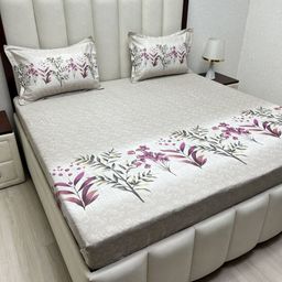 Pure Decor Beige & Purple Floral 300 TC King Bedsheet with 2 Pillow Covers-image-34