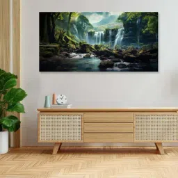Nestroots Multicolor Canvas Tropical Oasis Waterfall Escape Wall Painting - Gold Floating Frame-41