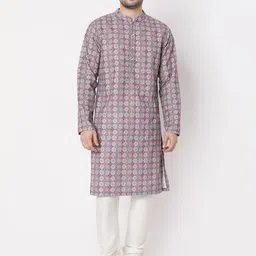 Ethnicity Men Geometric Checked Thread Work Kurta-3