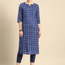 Anouk Women Blue And White Checked Pure Cotton Kurta with Cropped Trousers-image-11
