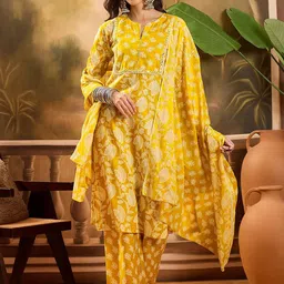 Sangria Floral Printed Mirror Work Pure Cotton Straight Kurta With Palazzo And Dupatta-image-93