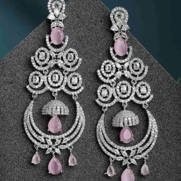 Zeneme Rhodium Plated Silver Toned Pink American Diamond Studded Chandelier Earrings-27