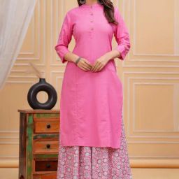 Meeranshi Pink Cotton Solid Three-Quarter Sleeves Kurti-image-71