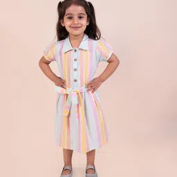 SNUGGLY MONKEY Girls Striped Shirt Collar Puff Sleeve Fit & Flare Dress-picture-45
