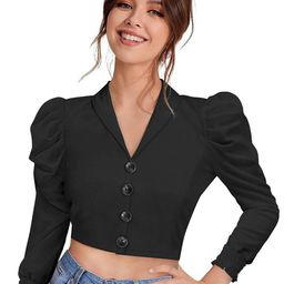 Branzios Lapel Collar Puff Sleeve Top-image-101