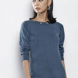 SASSAFRAS Women Blue Boat Neck Full Sleeves Sweater-image-14