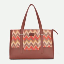 ZOUK Brown & Orange Woven Tote Handbag With Pouch-image-67