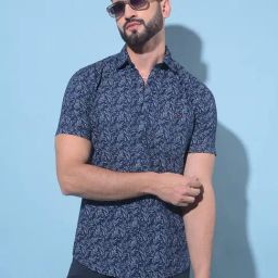 Crimsoune Club Navy Blue Cotton Slim Fit Printed Shirt-image-63