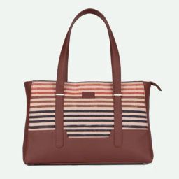 ZOUK Brown & Black Striped Tote Handbag With Pouch-image-34