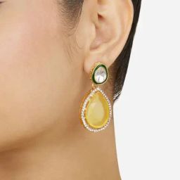 Zaveri Pearls Yellow Teardrop Stone Green Meenakari Austrian Diamonds Drop Earrings-ZPFK18067-26