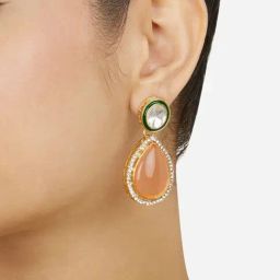 Zaveri Pearls Peach Teardrop Stone Green Meenakari Austrian Diamonds Drop Earrings-ZPFK18061-3