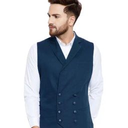 Hypernation Blue Solid Slim Fit Cotton Waistcoat-image-7