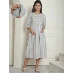 Moms Maternity Womens Ikkat Print Organic Khadi Cotton Green Maternity Dress-picture-17