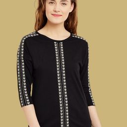 Hypernation Women Self Design Round Neck Pure Cotton T-shirt-image-12