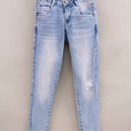 Vitamins Full Length Denim Washed Ripped Jeans - Blue-image-65