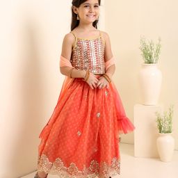 Babyhug Singlet Choli & Lehenga & Dupatta Mirror Detailing - Orange-picture-24